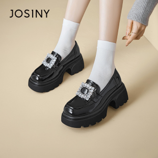 英伦风百搭单鞋 卓诗尼厚底乐福鞋 带钻松糕小皮鞋 新款 女 女2025春季