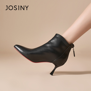 卓诗尼高跟短靴女2025年秋冬新款细跟尖头气质配裙子法式小踝靴子