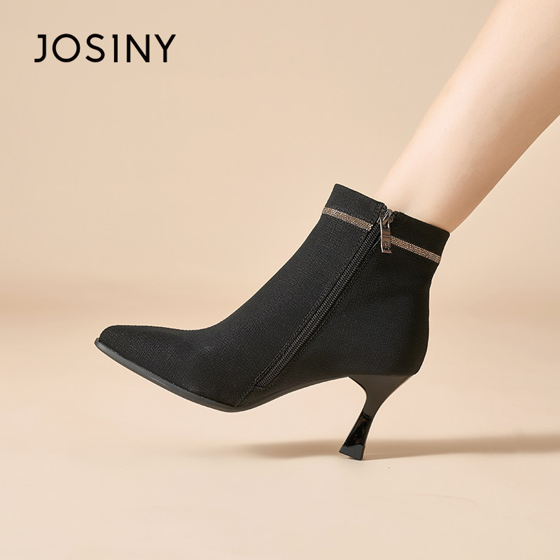 卓诗尼女靴2025冬季新款细跟尖头时装靴百搭气质短靴加绒保暖靴子