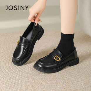 子通勤低跟舒适百搭单鞋 卓诗尼英伦风乐福鞋 黑色鞋 新款 女2026春季
