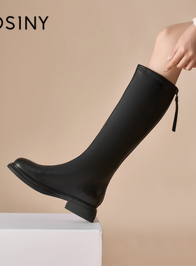 卓诗尼长筒靴女2025年秋冬新款黑色不过膝长靴高筒靴瘦瘦靴骑士靴