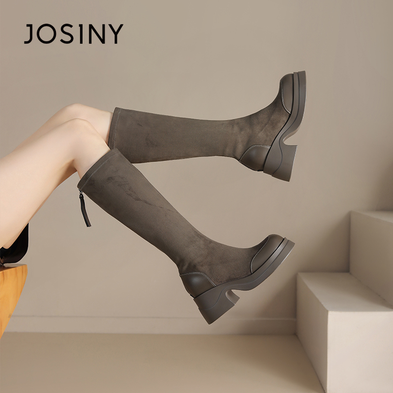 卓诗尼正品中跟显瘦百搭骑士长靴