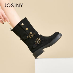 卓诗尼两穿中筒靴女2025秋冬新款 英伦风复古短靴百搭显瘦骑士靴子