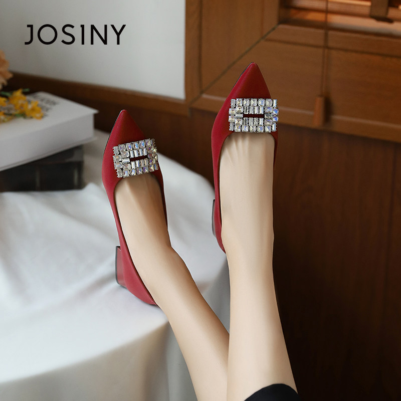 卓诗尼气质单鞋女2025春秋新款红色宴会鞋尖头高跟鞋浅口百搭婚鞋