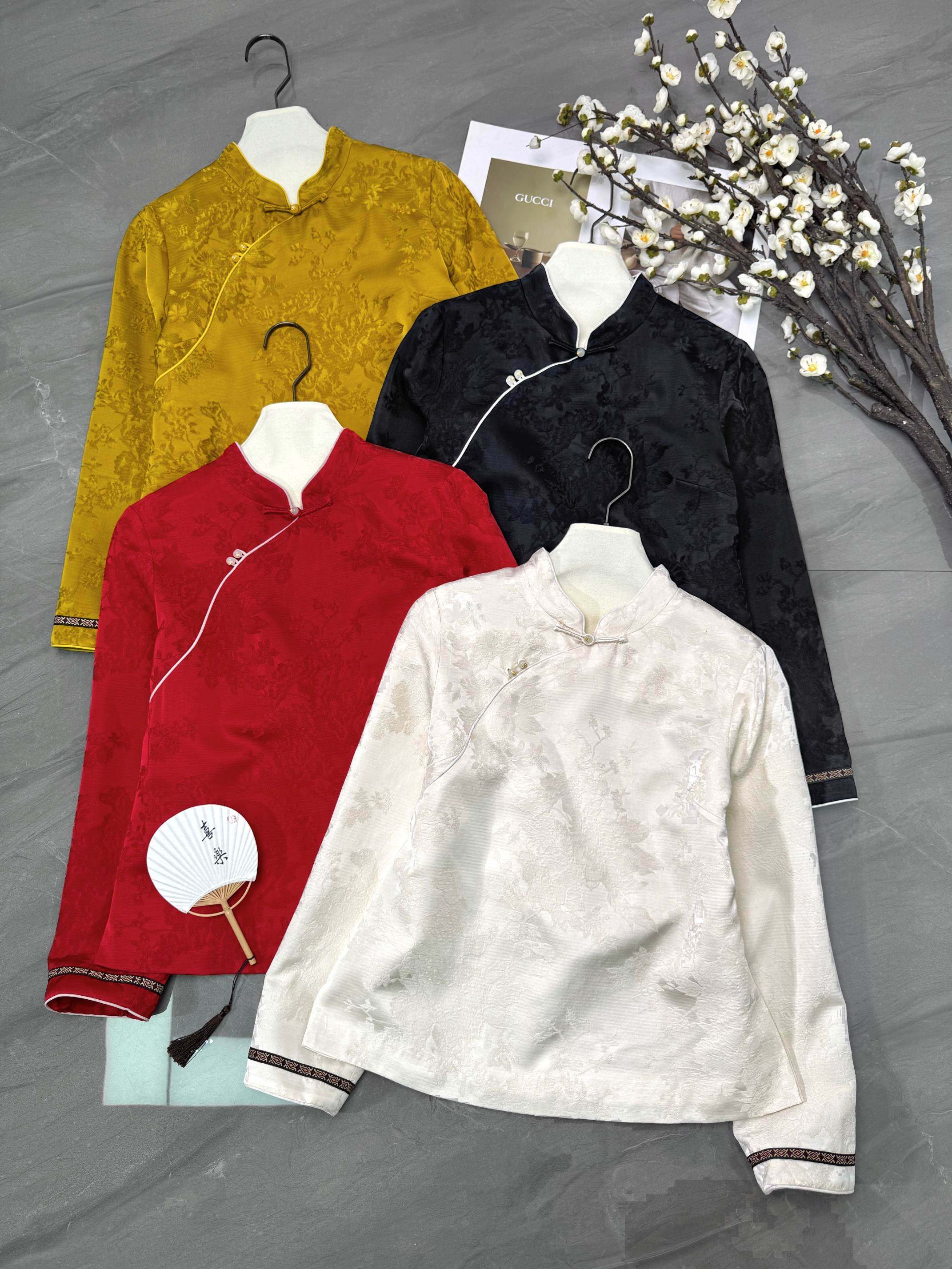 欧货100%人丝面料新中式提花立领斜襟盘扣减龄百搭国风衬衫上衣