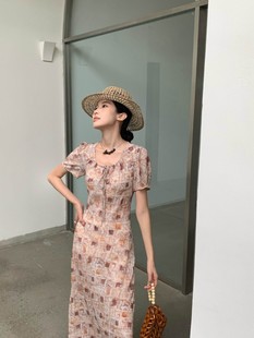 定制面料复古印花方领系带收腰显瘦减龄百搭连衣裙 欧货新款