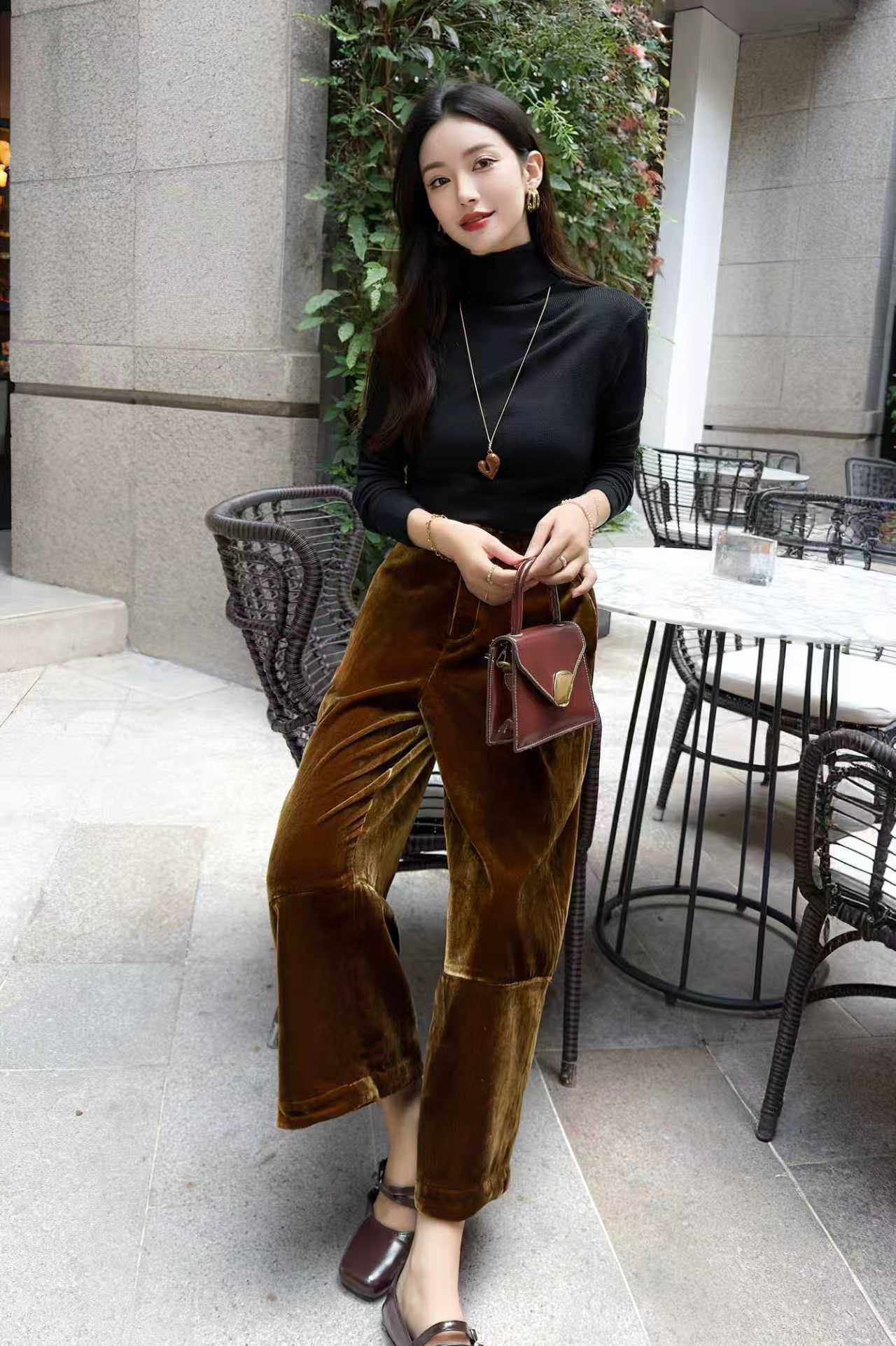 欧货真丝丝绒面料后松紧腰设计宽松显瘦简约百搭弯刀阔腿裤,女装/女士精品,裤子,淘宝优惠券,粉丝福利购,淘宝优惠卷