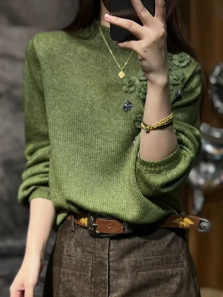 欧货新款定制丝羊绒面料重工钉珠立体花朵显瘦减龄百搭针织衫毛衣