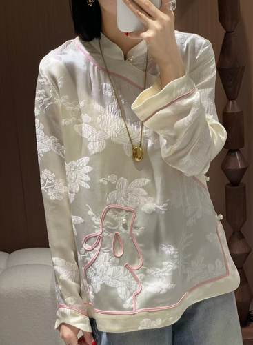 欧货真丝冠乐绉面料新中式提花撞色设计立领斜襟盘扣国风衬衫上衣