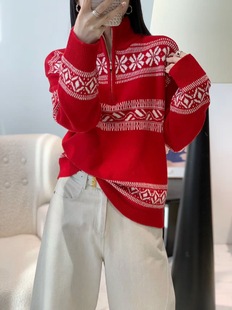 新年款温暖对白绵羊毛半拉链套头翻立领民族风毛衣