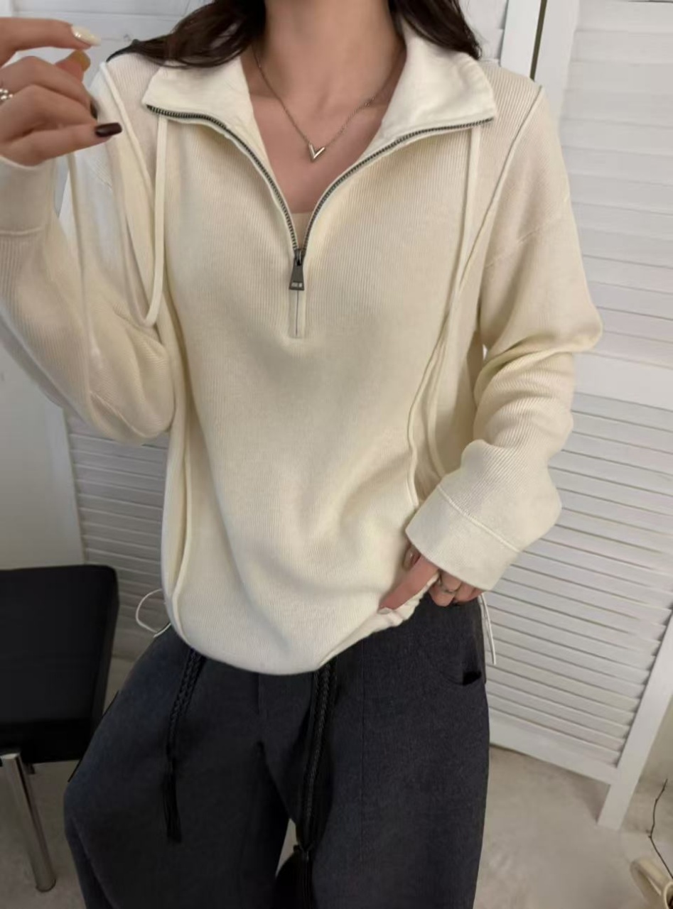 欧货新款定制100%羊毛面料半拉链设计针显瘦减龄百搭针织衫毛衣