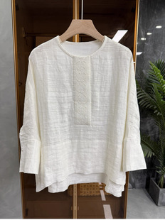 欧货亚麻面料重工钉珠刺绣设计感圆领宽松显瘦减龄百搭衬衫上衣