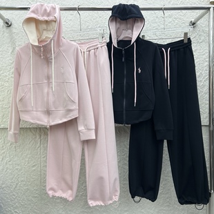 欧货高品质人马刺绣拼色休闲套装卫衣外套+松紧腰休闲裤两件套