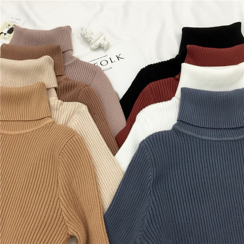 Real-time simple pure-color Pullover core-spun yarn elastic self-cultivation basic high-collar thermal knitted sweater bottom sweater