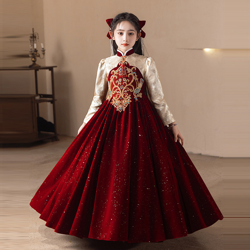 女大童红色中国风旗袍裙汉服花童秋冬季长袖公主裙古筝合唱拜年服