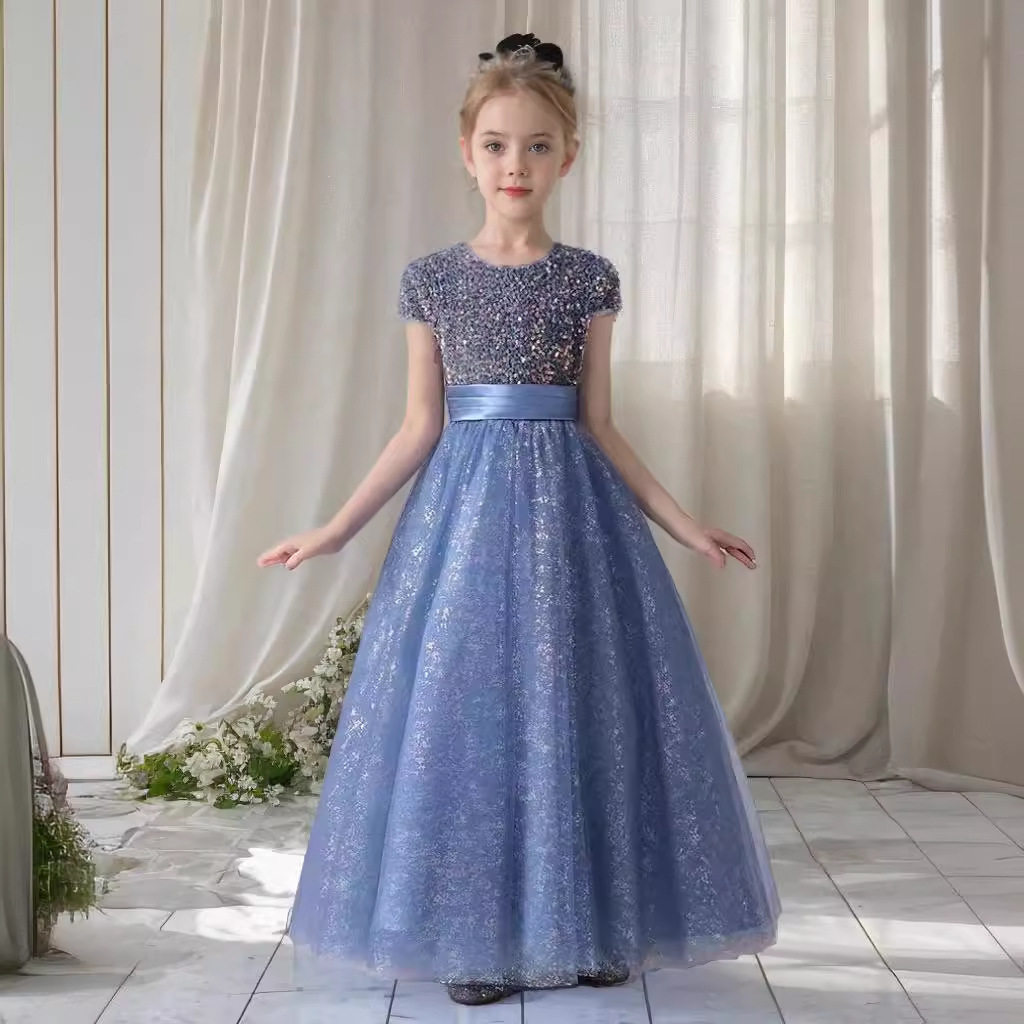蓝色轻奢气质公主女大童大码胖MM晚礼服蓬蓬裙钢琴主持人合唱表演