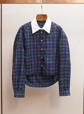 M家春季新款韩系个性风撞色翻领镶钻不规则显瘦格纹短款衬衫上衣