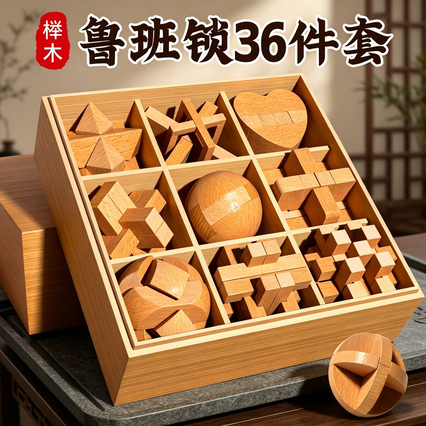 鲁班锁孔明锁全套小学生智力锁榫卯积木男孩益智玩具儿童生日礼物