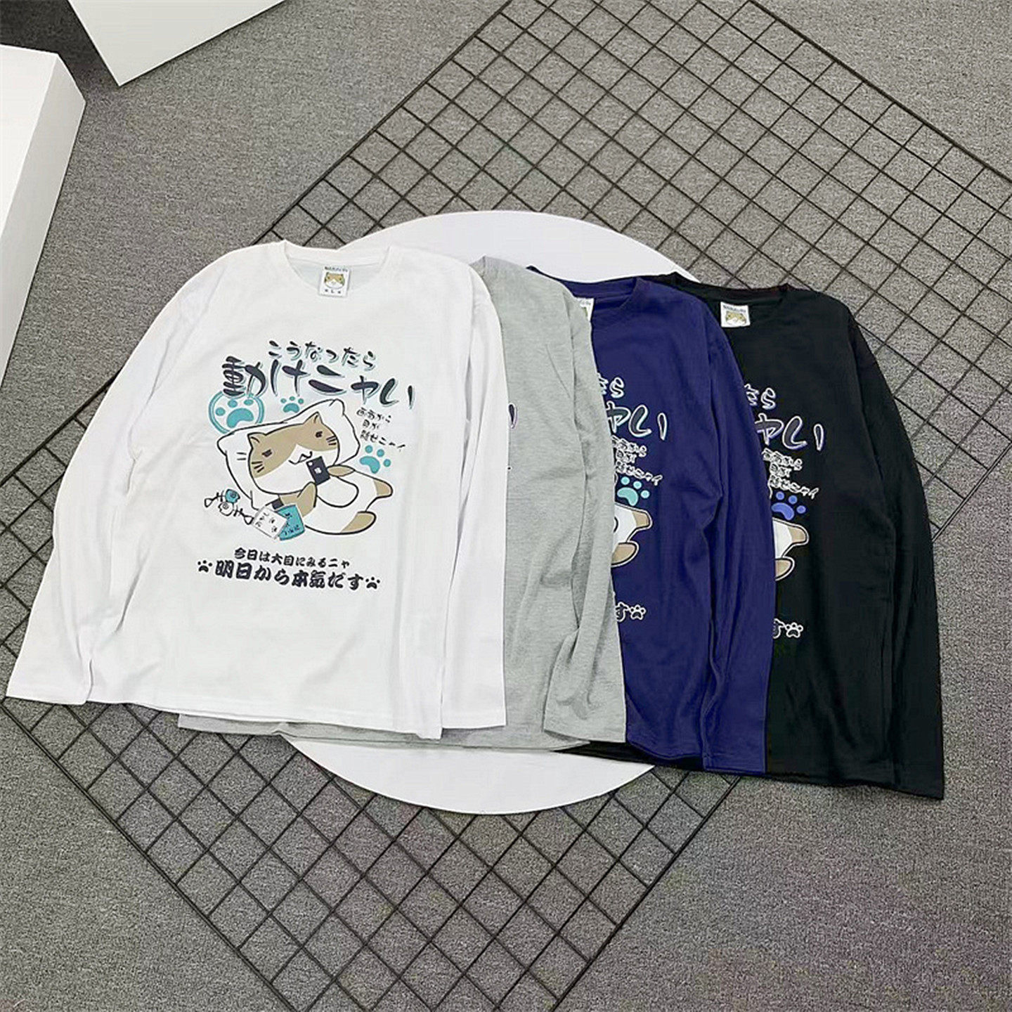 小武出品日系猫春秋季圆领长袖T恤男女休闲宽松落肩袖卡通印花潮,男装,T恤,淘宝优惠券,粉丝福利购,淘宝优惠卷