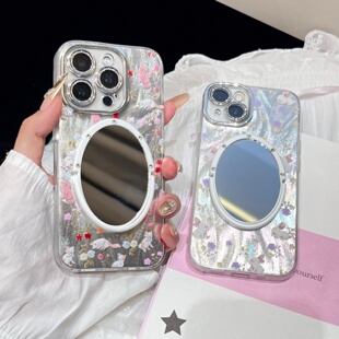 小猫碎花iphone17/18promax镜子手机壳羽纱适用苹果15/16pro小白兔子花朵全包镜头膜13/14保护壳小清新郁金香