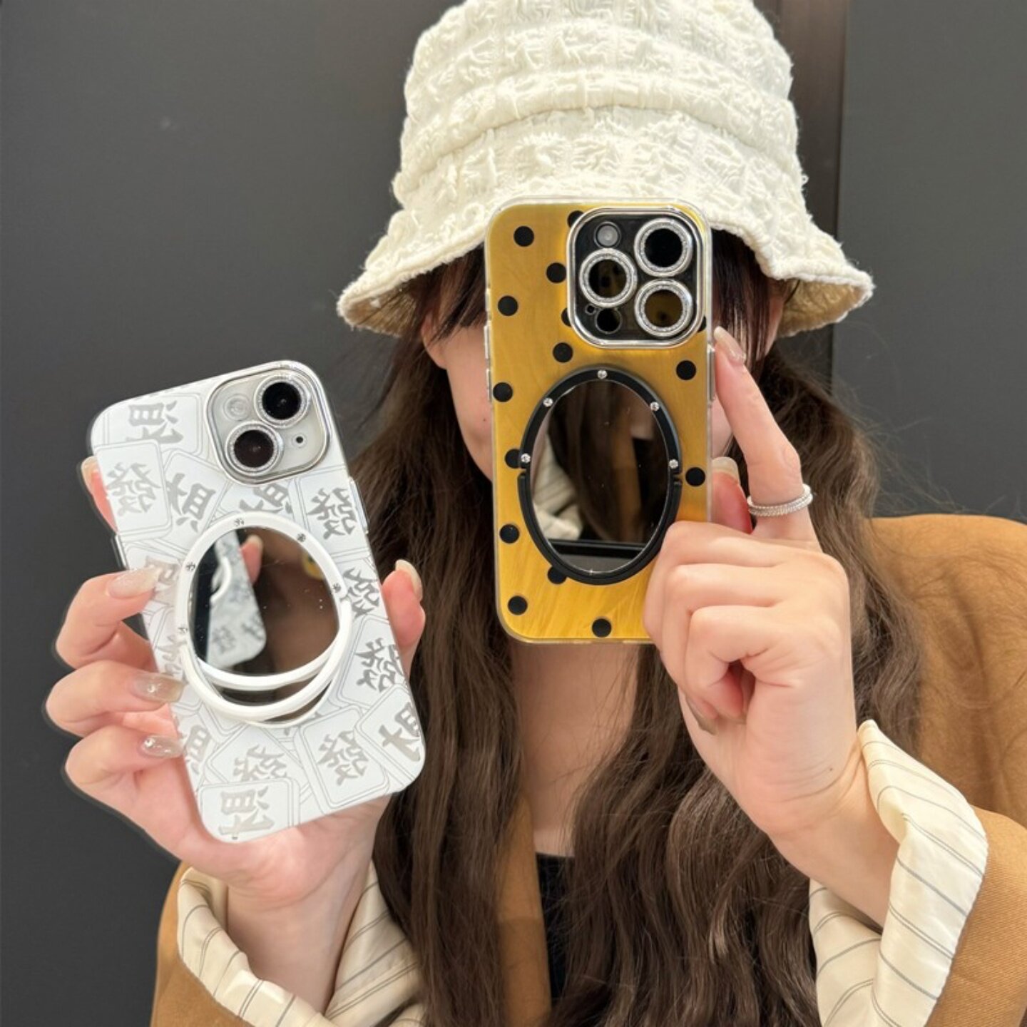 高级金黄羽纱黑波点iphone16/17promax镜子手机壳发财文字13苹果14/15pro自带镜头膜闪粉适用磨砂保护套16pro