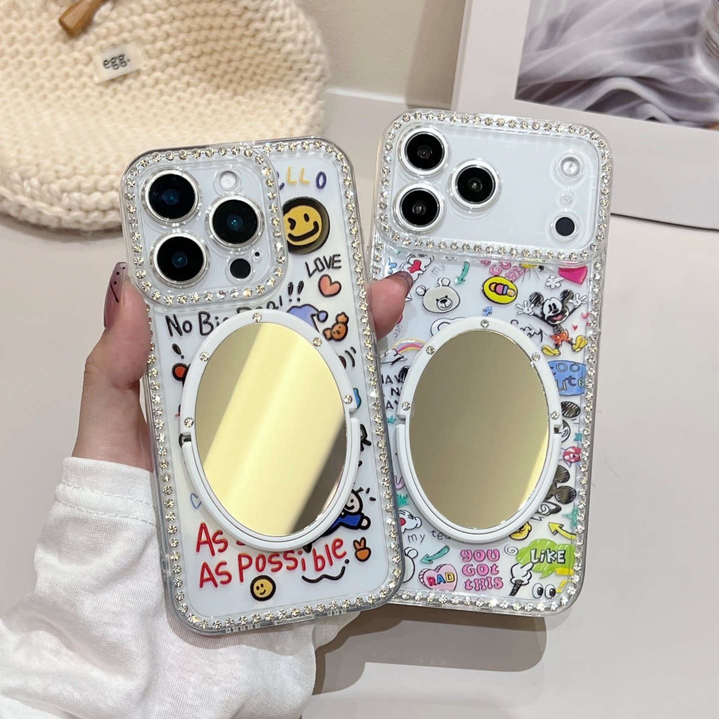 镶钻边框卡通米奇iphone16/17promax镜子手机壳透明笑脸爱心苹果15/13/14全包保护壳水钻彩绘涂鸦适用点钻女