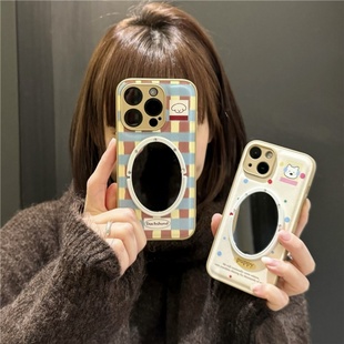 卡通小狗彩色圆点皮质iphone17/16promax镜子手机壳彩绘条纹格子15pro适用13苹果14皮纹保护壳贴皮气垫波点女