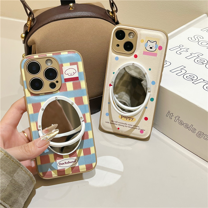 适用华为mate80pro卡通小狗彩色圆点皮质pura70/p60镜子手机壳彩绘条纹格子mate70pro皮纹保护壳贴皮mate60女