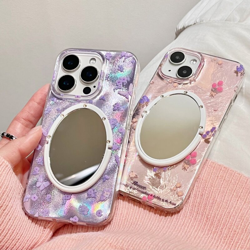 华为pua70/mate60pro紫蝴蝶花朵p60/matr70pro镜子手机壳粉色郁金香碎花冰川纹保护壳适用nova9/荣耀90小清新