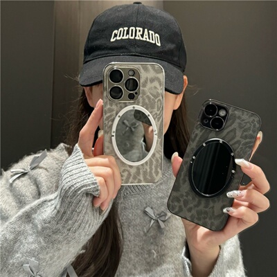 美拉德豹纹镜子防摔苹果手机壳