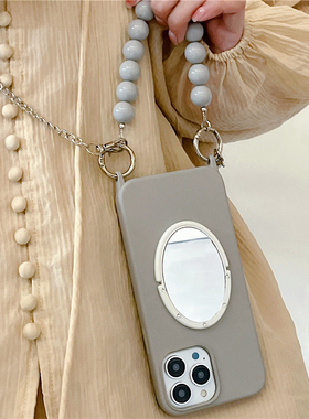 灰色手拎珠适用iphone15/13promax镜子手机壳玫红色手环11苹果12斜跨背带链条保护壳手提链圆环14pro创意女xs