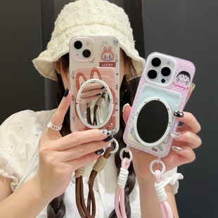 15promax镜子手机壳带挂绳卡套苹果13 插卡包趣味拉布布iphone16 14小丸子波点保护壳零钱包手提绳手拎女爱心