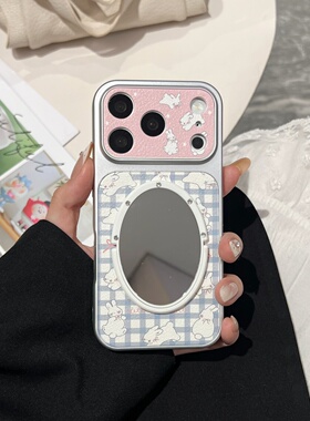 卡通蓝色格纹小兔适用iphone17promax镜子手机壳大视窗皮质13/14苹果15/16promax小清新可爱皮纹保护壳新款女