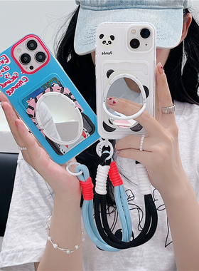 华为pura70pro蓝色油画卡套mate60镜子手机壳插卡包p60/mate70pro手拎带挂绳可爱熊猫保护壳手提链卡通零钱包