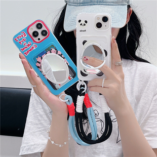 华为pura70pro蓝色油画卡套mate60镜子手机壳插卡包p60/mate70pro手拎带挂绳可爱熊猫保护壳手提链卡通零钱包