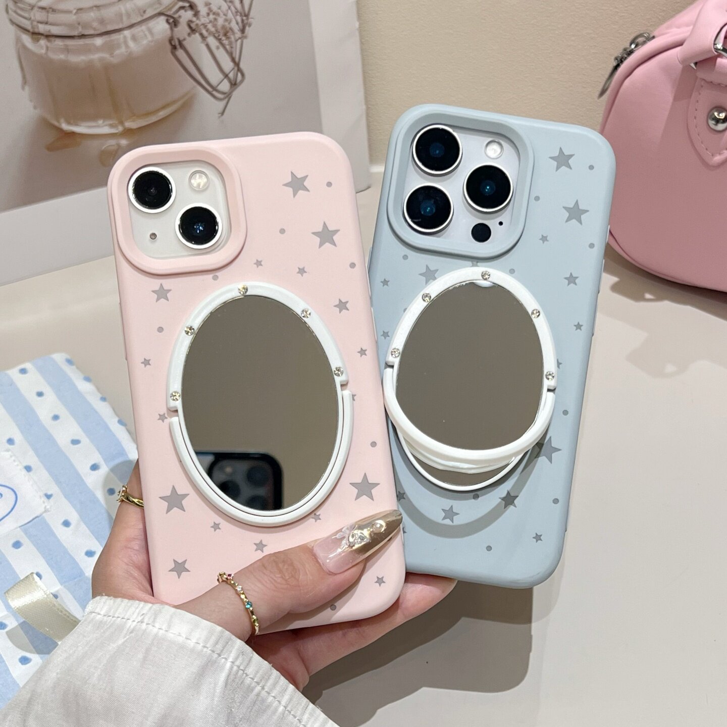 小清新星星iphone16/17promax镜子手机壳磨砂五角星15promax苹果13/14波点保护壳适用简约软壳粉色纯色创意女