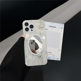 新中式竹子iphone17/14promax镜子手机壳冰川纹苹果13/15pro春夏绿色竹林保护壳锡纸纹适用16pro中国风文艺女
