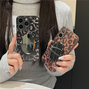 琥珀豹纹棕色iphone15/16promax镜子手机壳皮质13苹果14pro灰色保护套皮纹防摔11适用12复古磨砂外壳15pro女