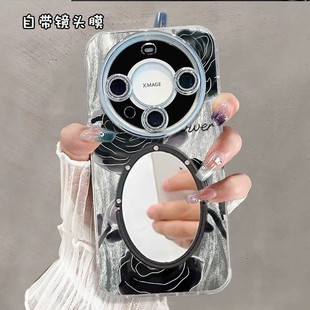 华为pura70pro银玫瑰花羽纱mate70/mate60pro镜子手机壳p60/p50pro带镜头膜全包nova10黑色花朵保护壳荣耀300