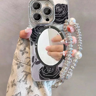 羽纱玫瑰花朵适用iphone16/17promax镜子手机壳手拎手提链水钻15pro苹果13/14全包镜头防摔保护壳黑色山茶花