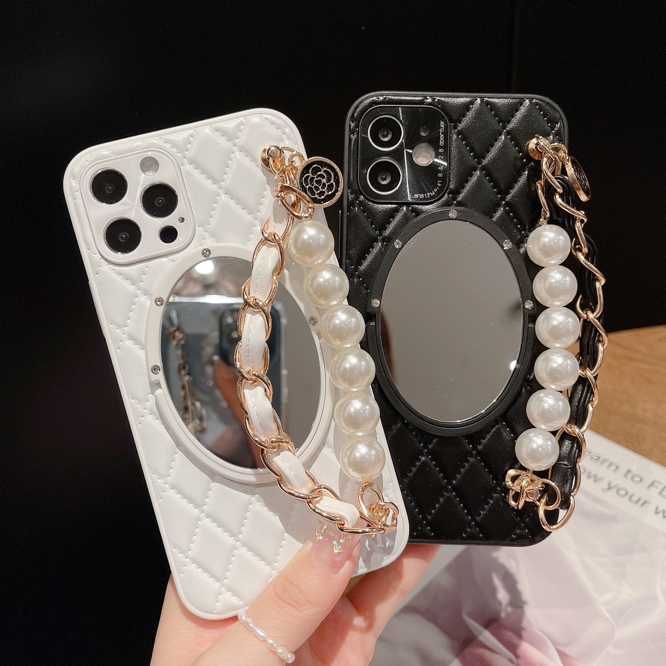 小香风珍珠链条17promax苹果15/16promax镜子手机壳腕带手链iphone13/14适用皮质保护套软防摔奢华新款女高级