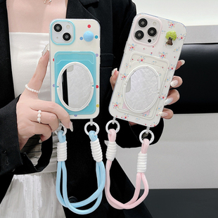 华为mate60pro插卡包手拎短绳pura70镜子手机壳清新碎花卡套p60/mate70pro立体波点带挂绳手提保护套mate50女