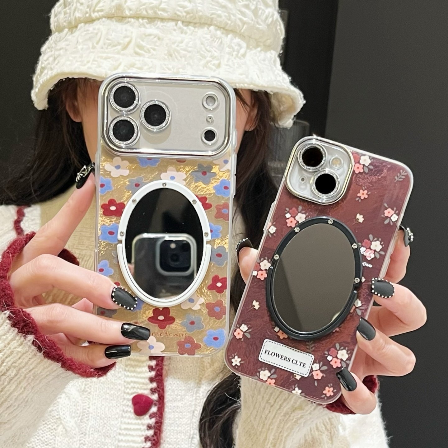 复古花朵彩绘锡纸纹适用iphone17/16promax镜子手机壳棕色小碎花13/14苹果15/16pro全包镜头膜冰川纹保护壳软