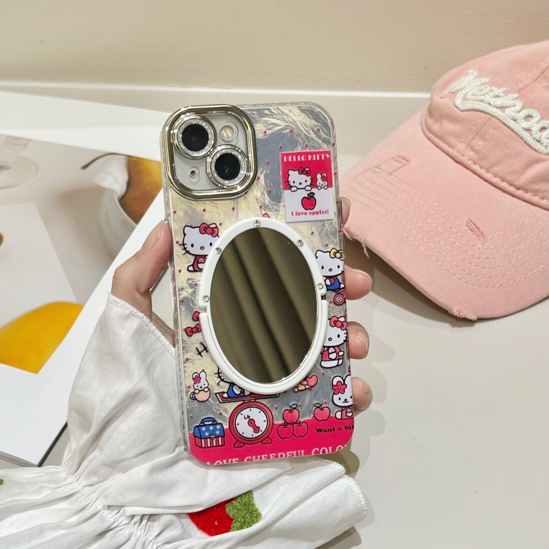 可爱少女kt猫锡纸适用16苹果17promax手机壳镜子iphone15粉色爱心蝴蝶结羽纱14/13闪粉镜头全包软硅胶冰川纹 3C数码配件手机保护套/壳原图主图