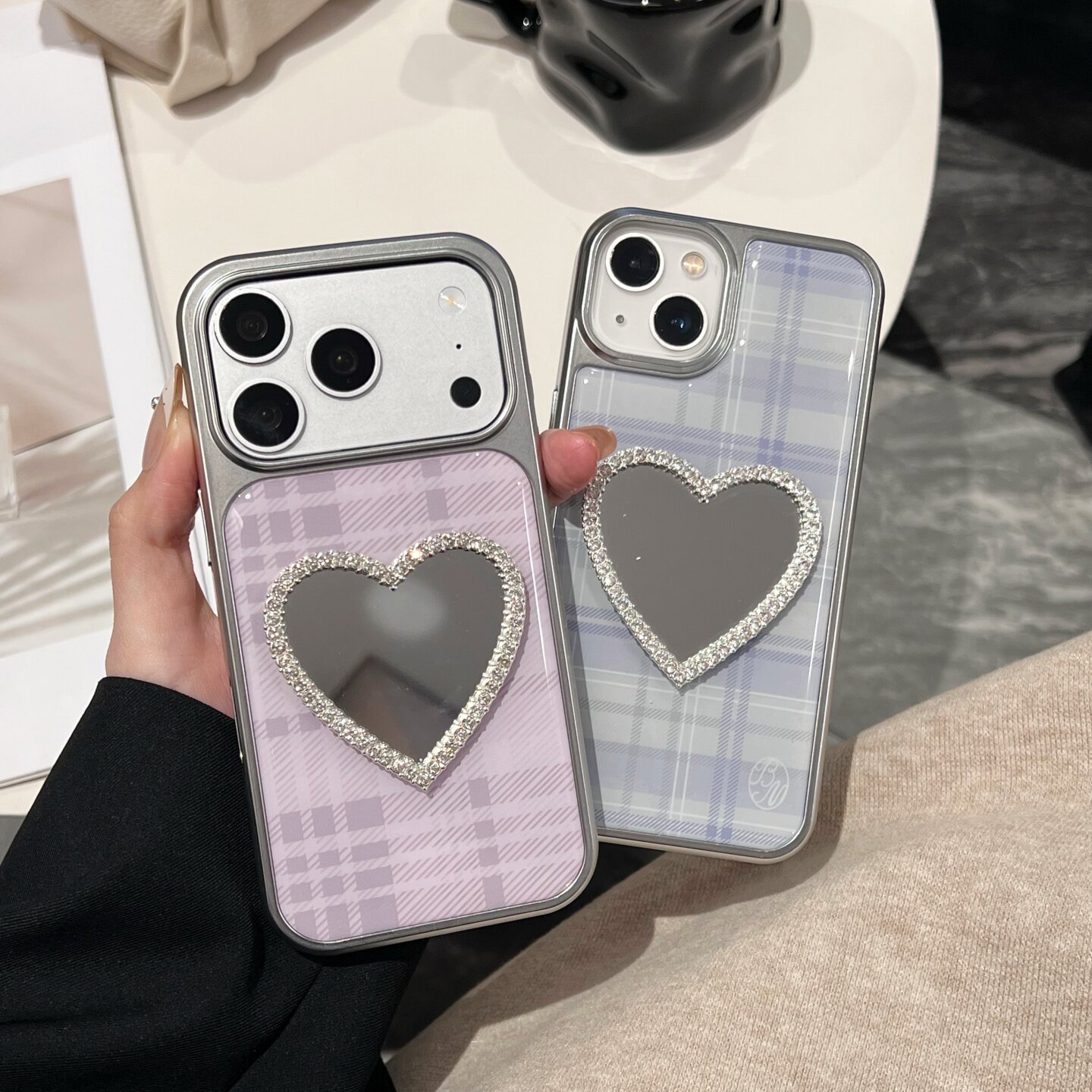 电镀银边甜美粉红格子适用iphone16/17promax镜子手机壳韩系13/14苹果15/16promax滴胶硬壳蓝色格纹保护壳女