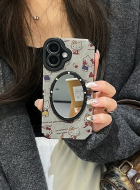 灰色翻毛皮iphone17promax镜子手机壳皮质磨砂kt猫16pro/15苹果13/14小羊皮保护壳凯蒂猫适用卡通皮纹软壳新