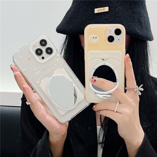 黄色小鸭可爱卡包iphone17/15promax镜子手机壳卡套13/14苹果16promax透明保护壳零钱包卡通涂鸦油画可插卡包
