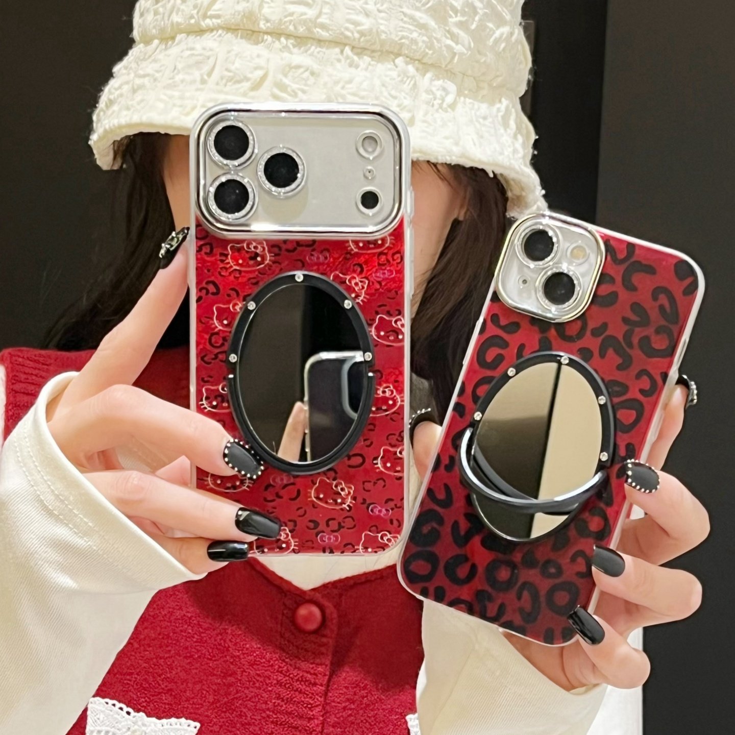 新年红豹纹kt猫适用iphone17promax镜子手机壳黑豹13/14苹果15/16promax红色保护壳锡纸冰川纹全包带镜头膜女