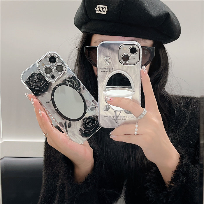 银色羽纱玫瑰花iphone16/17promax镜子手机壳自带镜头膜闪粉14苹果13/15pro黑色花朵保护壳全包防摔适用17air