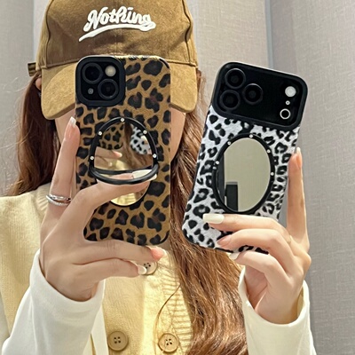 复古棕色豹纹苹果17手机壳镜子